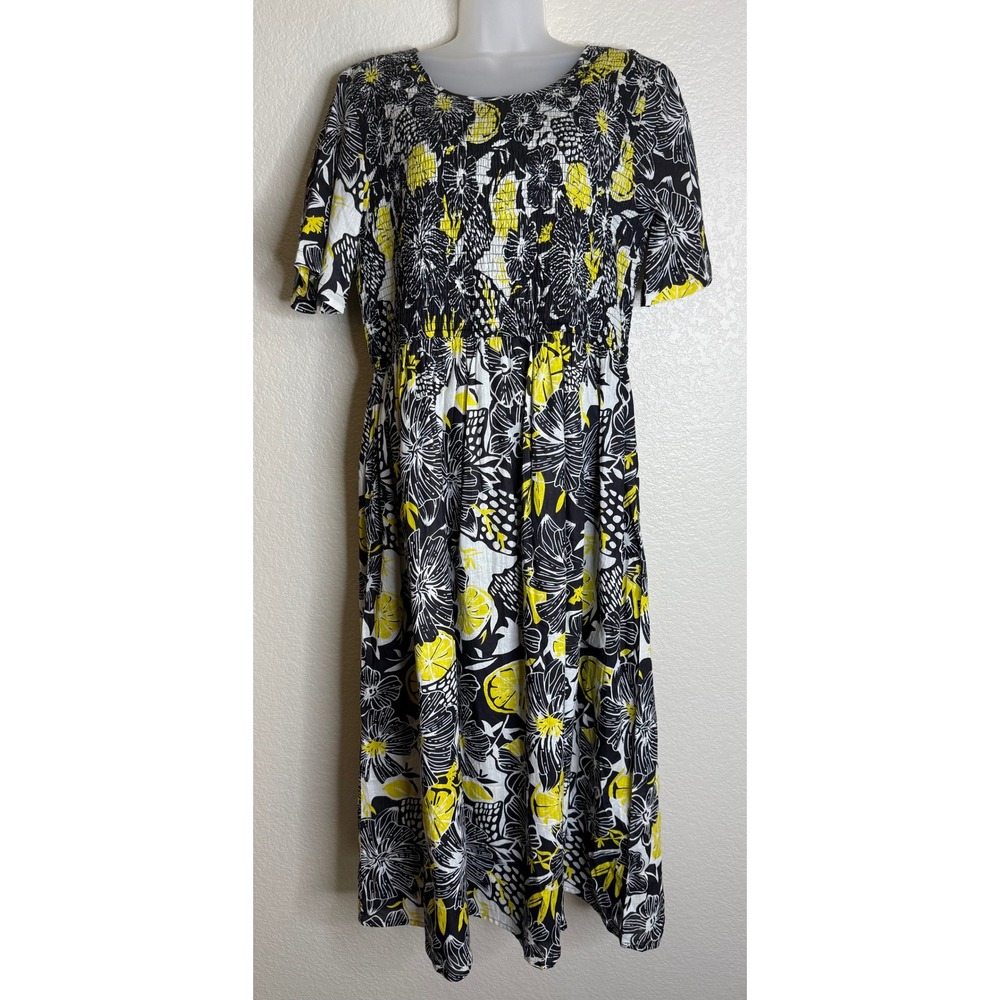 Take Two L Midi Dress Black Yellow Floral Lemon Smocked‎ Cotton Short Sleeve